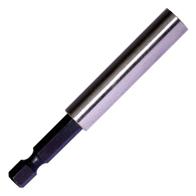 Stainless steel magnetic bit tip holder with hex shank, 1/2-inch drill depth, retaining ring, and 3-inch overall length