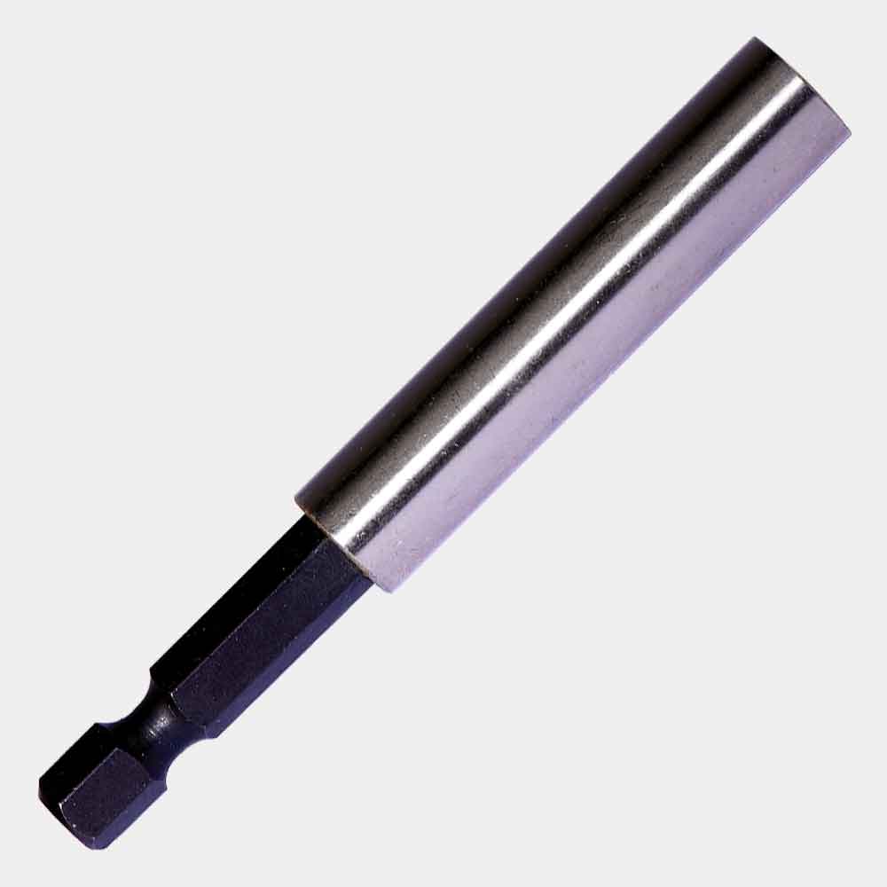 Stainless steel magnetic bit tip holder with hex shank, 1/2-inch drill depth, retaining ring, and 3-inch overall length