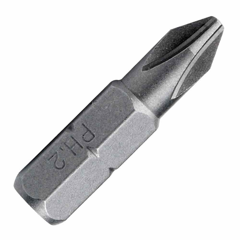 #2 1-inch Phillips® driver insert bit with 1/4-inch hex shank, compatible with power tools, screwdriver sets, and tamper-proof fasteners