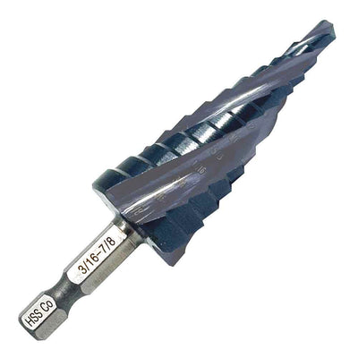 1/4” hex impact shank cobalt step drill, 4-fast spiral flutes, TiAlN coating, ideal for stainless