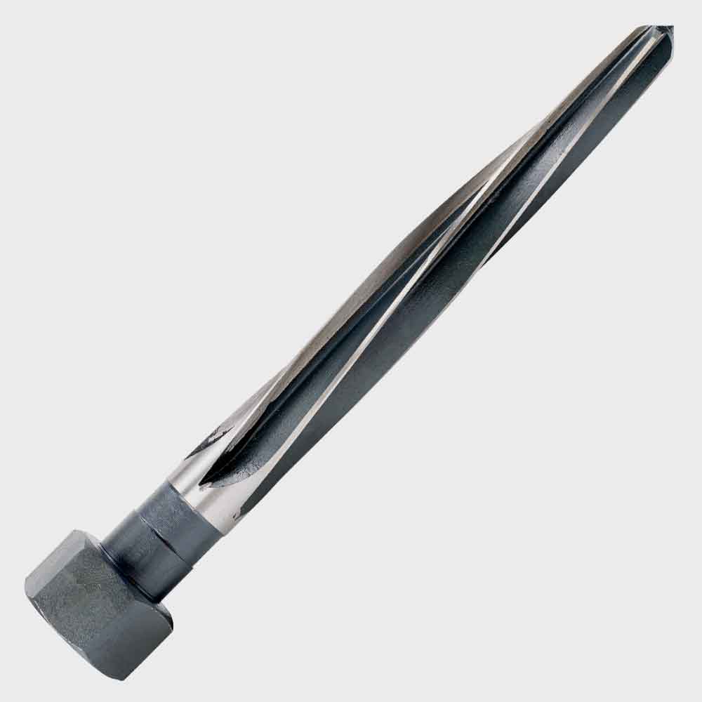 HD Black oxide construction reamer with spiral flutes and hex drive for bolt and rivet installation