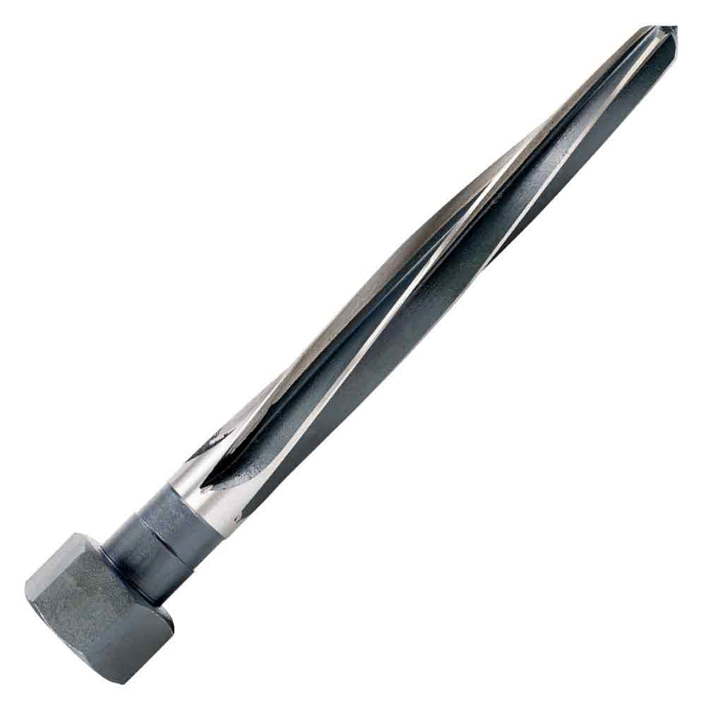 HD Black oxide construction reamer with spiral flutes and hex drive for bolt and rivet installation