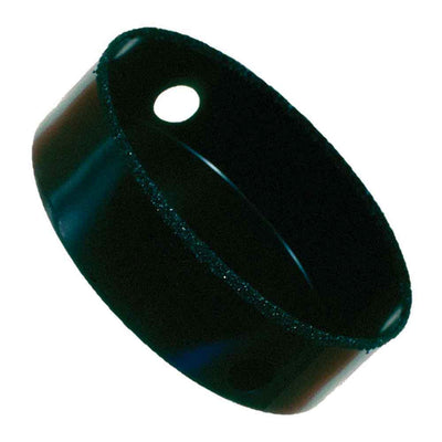 Premium carbide grit recessed lighting hole saws, USA-made, super wear-resistant, tungsten carbide grit bonded to alloy back, gulleted edge,6-3/8” and 6-7/8” sizes, black finish, ideal for drilling ceramics, fiberglass, hard woods, cast iron, and composites.