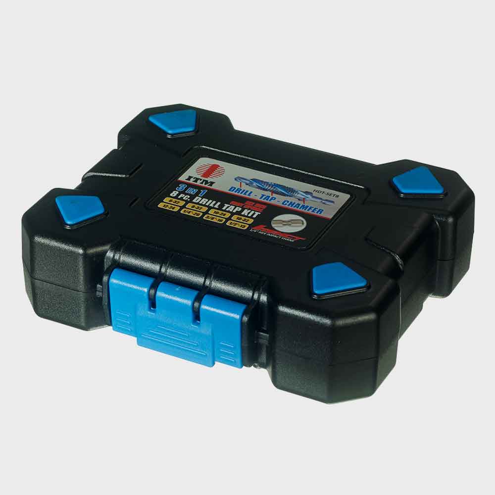 8 piece High-performance 3-in-1 combo drill tap set with M2 HSS ground threads, fast spiral flute, tri-point cutting tip, 1/4-inch hex impact shank, designed for drilling, tapping, and chamfering steel, cast iron, aluminum, and copper.