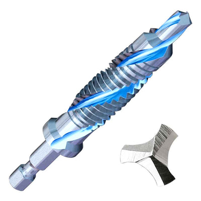 High-performance 3-in-1 combo drill tap with M2 HSS ground threads, fast spiral flute, tri-point cutting tip, 1/4-inch hex impact shank, designed for drilling, tapping, and chamfering steel, cast iron, aluminum, and copper.