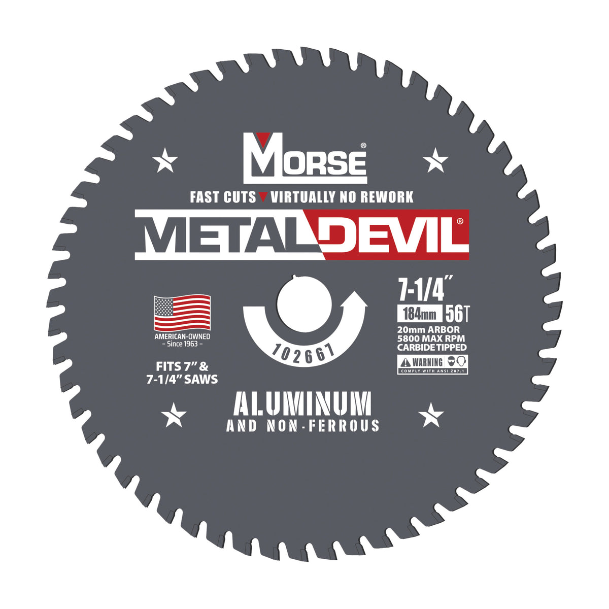 7-1/4 inch 56-tooth metal-cutting circular saw blade for aluminum, 20mm arbor, part 102667 (MK Morse Metal Devil artwork)