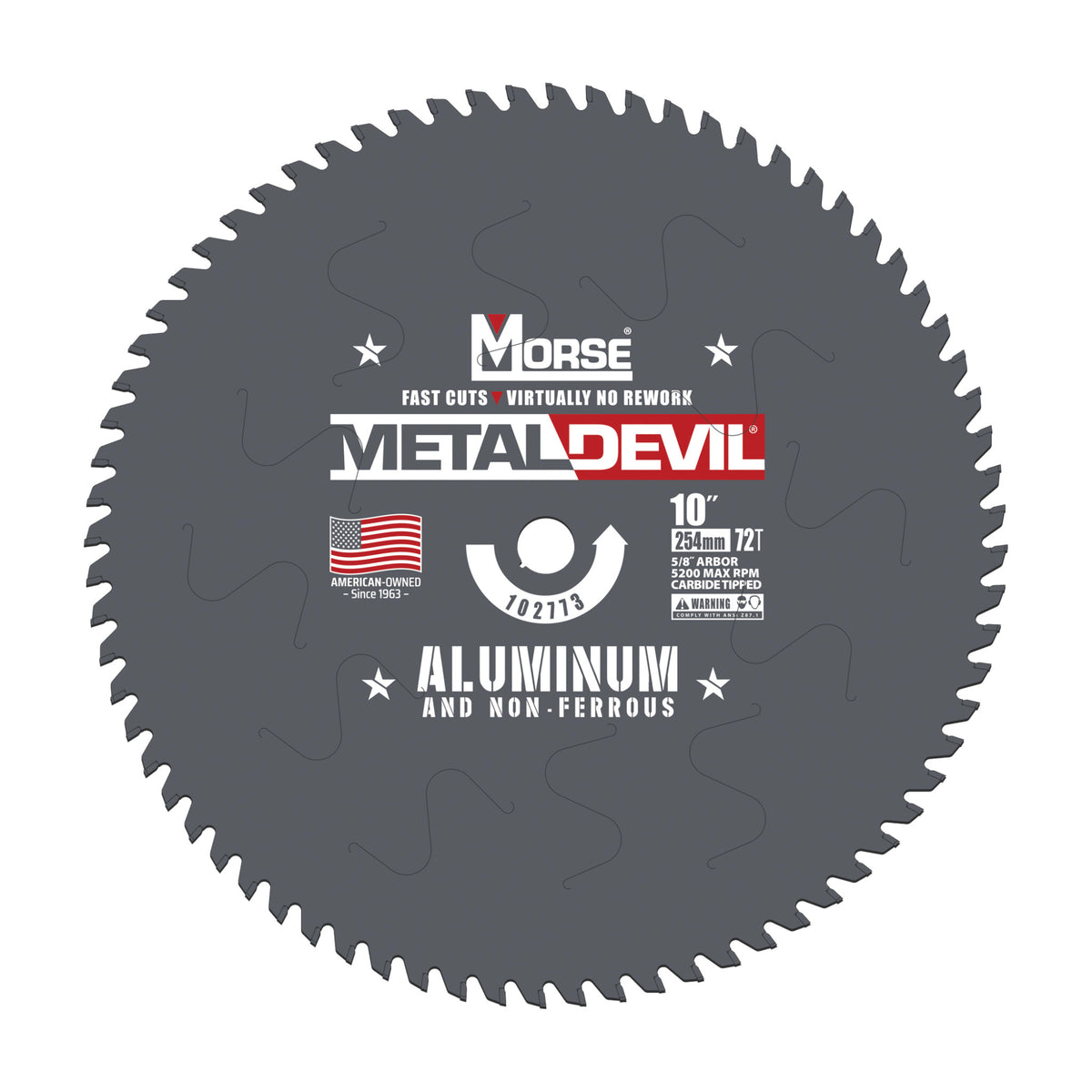 10 inch 72-tooth metal-cutting circular saw blade for aluminum, part 102773 (MK Morse Metal Devil artwork)