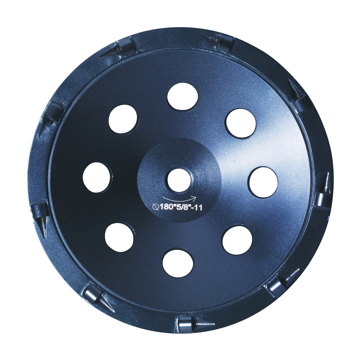 ITM 7 inch PCD cup wheel, face view showing the 180 x 5/8-11 hub marking and 9 PCD segments, part PCD-70T
