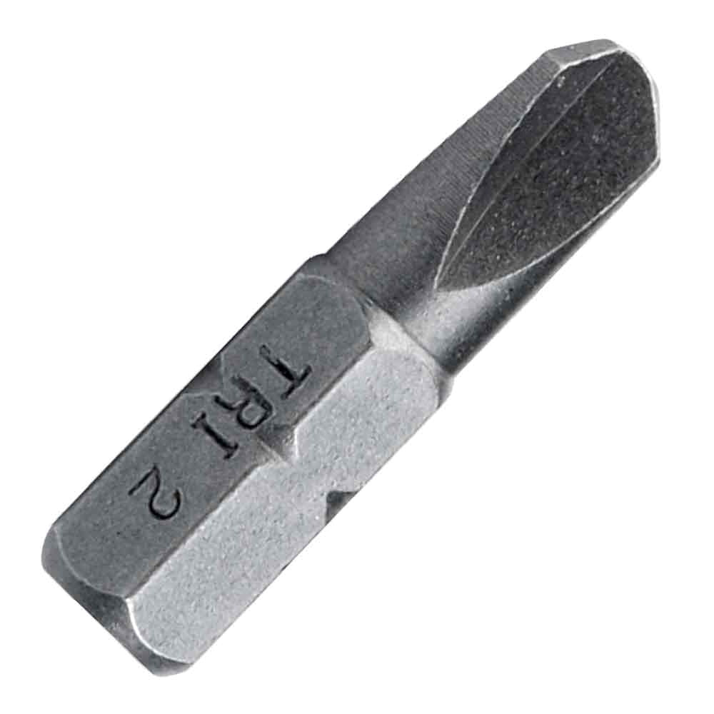 #2 1-inch Tri-Wing® Tamper insert screwdriver bit with 1/4-inch hex shank, compatible with power drills and manual drivers