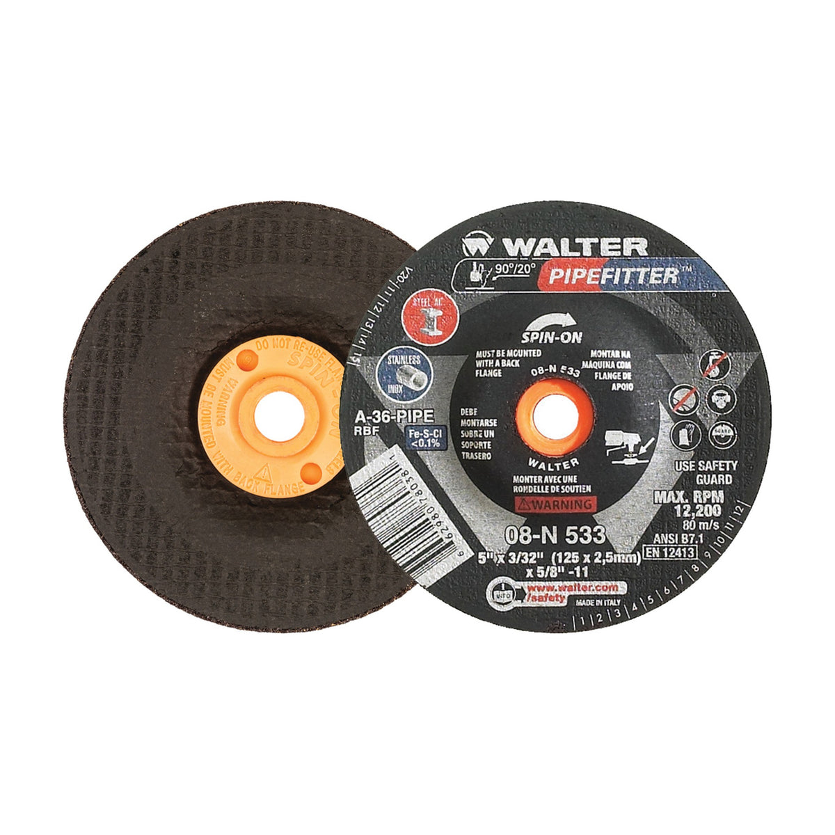 Walter 5 inch x 3/32 inch x 5/8 inch-11 PIPEFITTER Grinding Wheel, Type 27S Spin-On, part 08N533