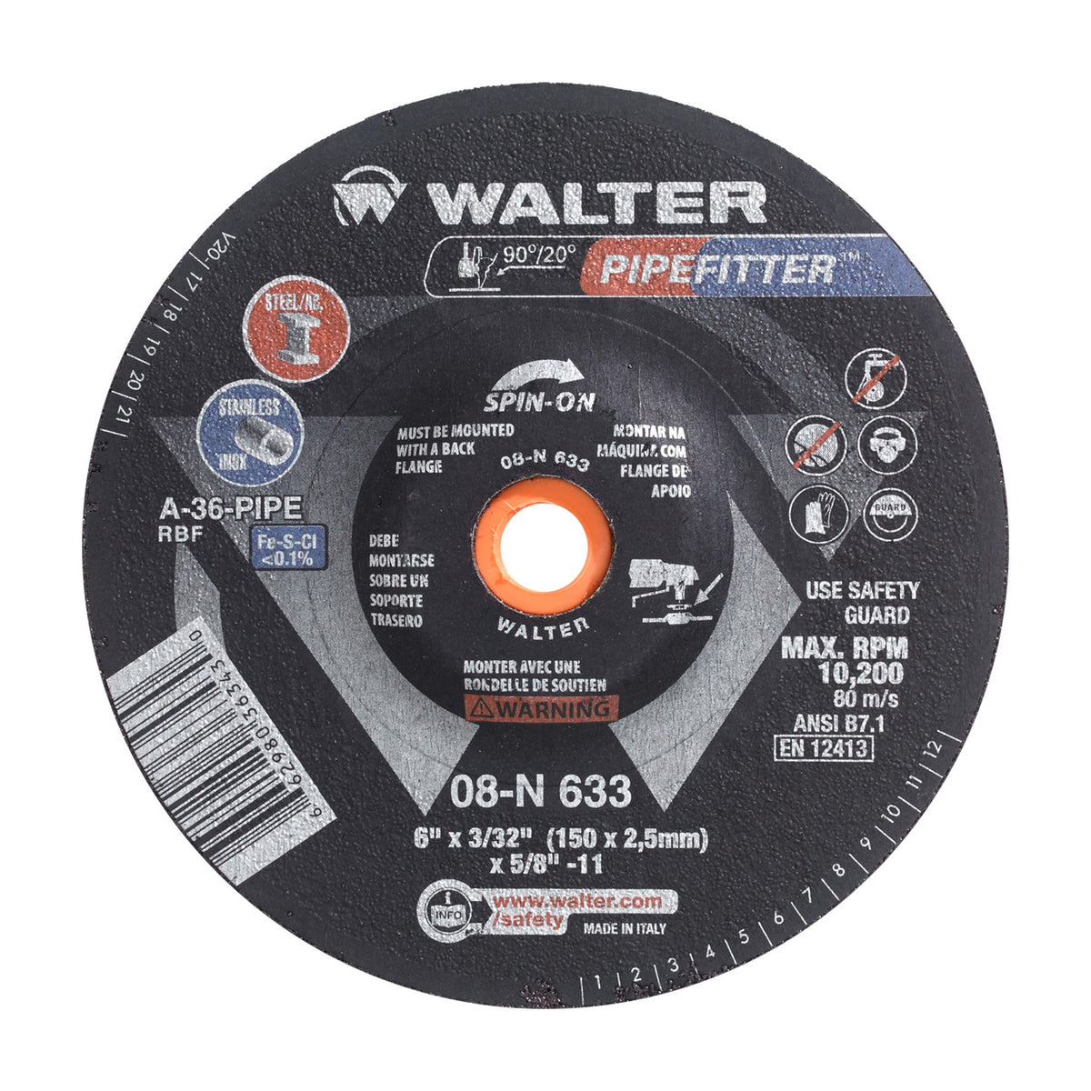 Walter 6 inch x 3/32 inch x 5/8 inch-11 PIPEFITTER Grinding Wheel, Type 27S Spin-On, part 08N633