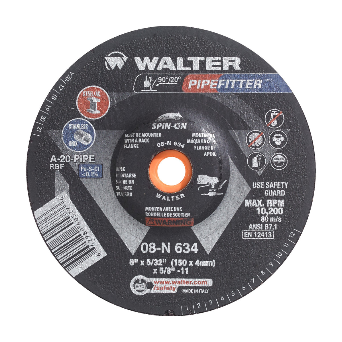Walter 6 inch x 5/32 inch x 5/8 inch-11 PIPEFITTER Grinding Wheel, Type 27S Spin-On, part 08N634