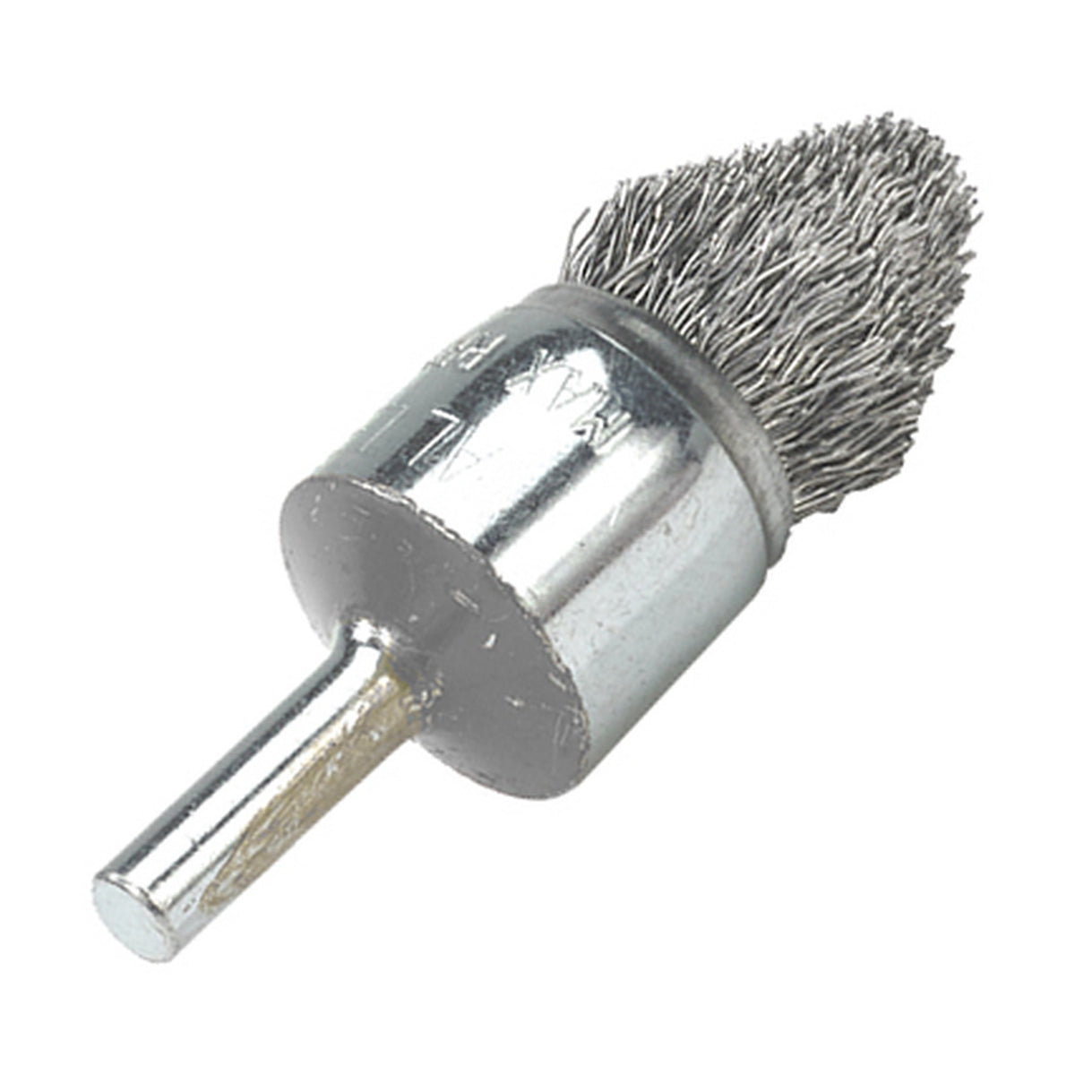 Walter 3/4 inch ALLSTEEL Crimped Wire Mounted Conical End Brush, 1/4 inch Shank, .0118 inch Carbon Steel, part 09C028