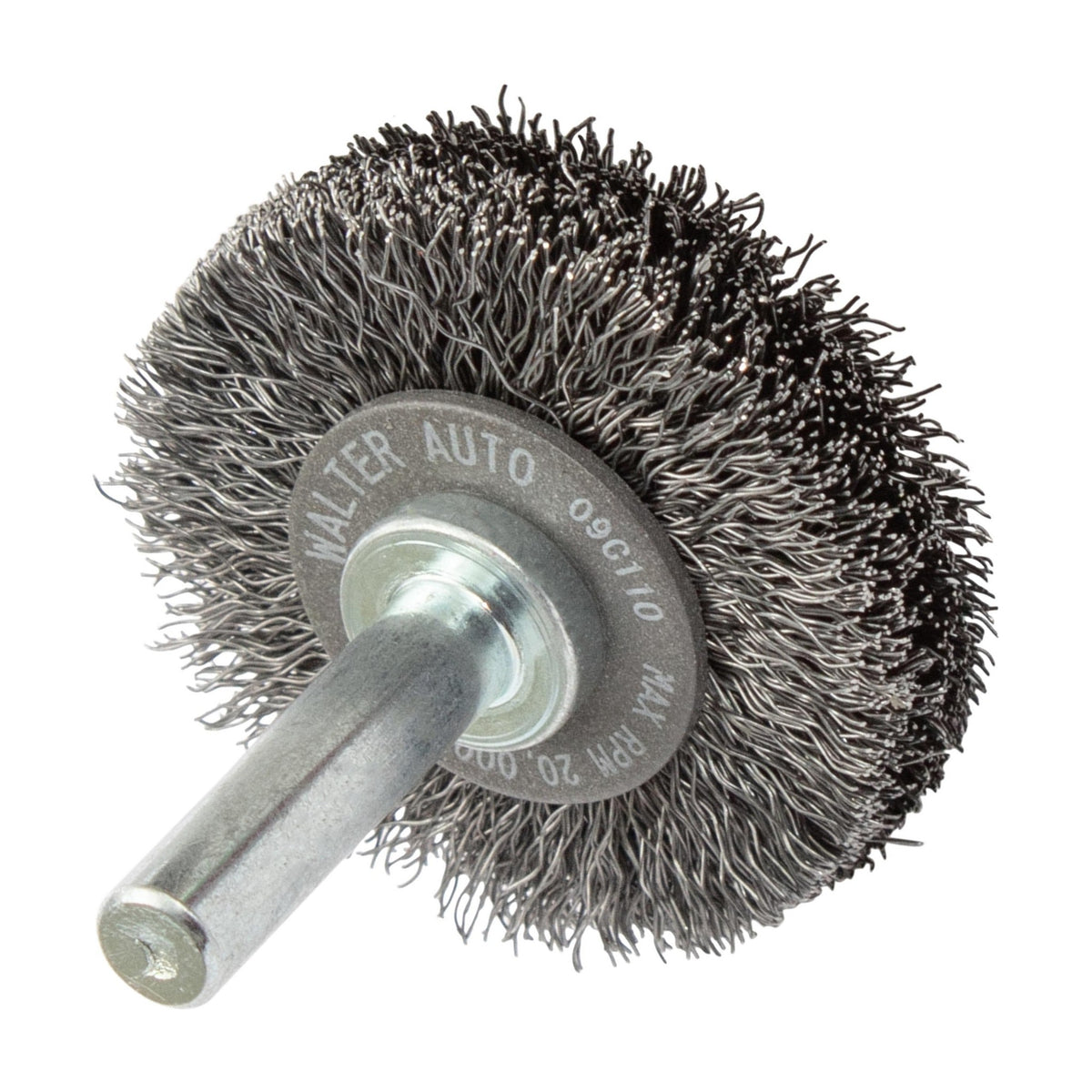 Walter 1-3/8 inch ALLSTEEL Crimped Wire Mounted Wheel Brush, 1/4 inch Shank, .008 inch Carbon Steel, part 09C110