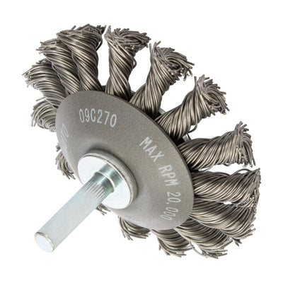 Walter 3 inch ALLSTEEL Knot-Twisted Wire Mounted Saucer Cup Brush, 1/4 inch Shank, .020 inch Carbon Steel, part 09C270