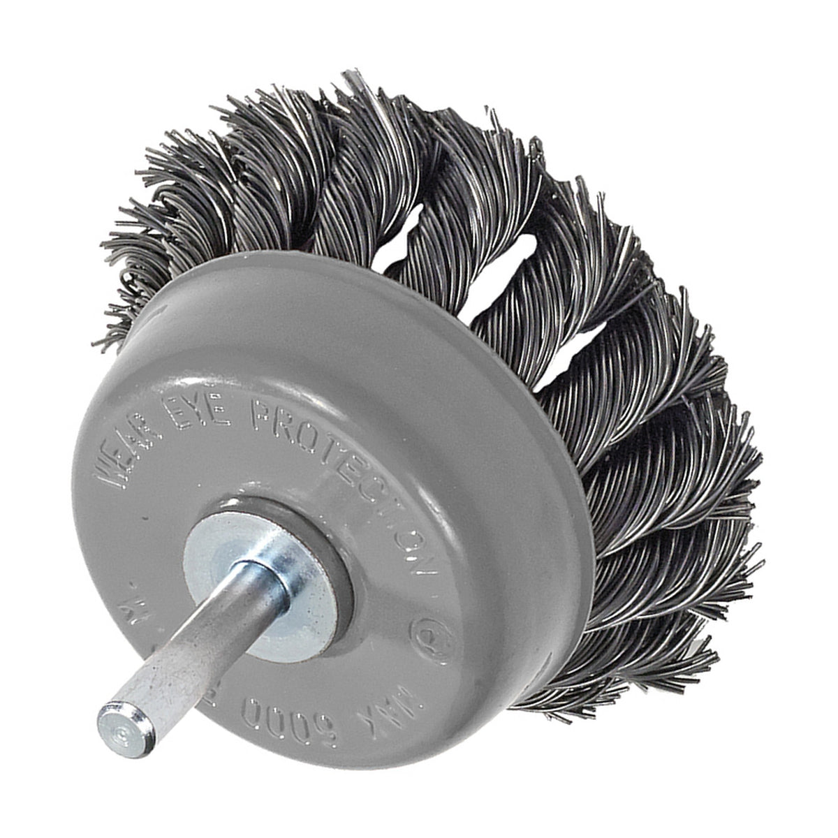 Walter 3 inch ALLSTEEL Knot-Twisted Wire Mounted Cup Brush, 1/4 inch Shank, .020 inch Carbon Steel, part 09C370