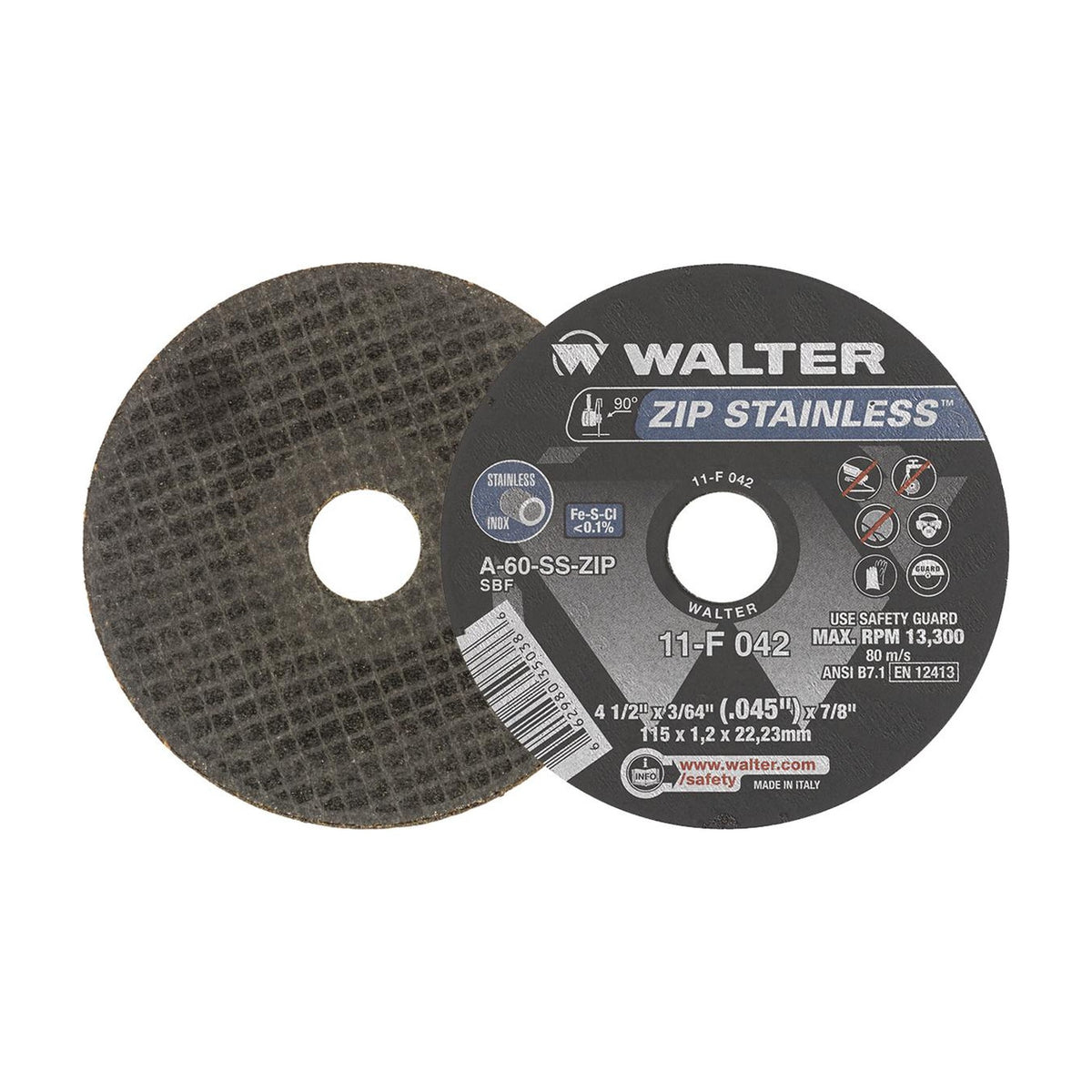 Walter 4-1/2 inch x 3/64 inch x 7/8 inch ZIP STAINLESS Cut-Off Wheel, Type 1, part 11F042