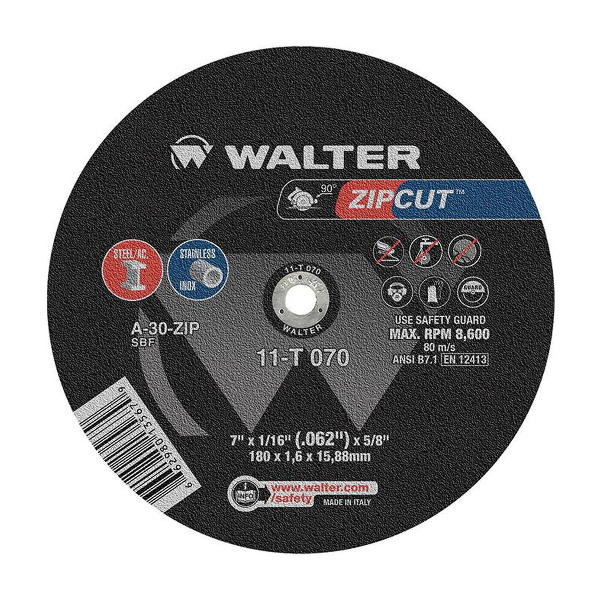 Walter 7 inch x 1/16 inch x 5/8 inch ZIPCUT Cut-Off Wheel, Type 1 for Circular Saws, part 11T070