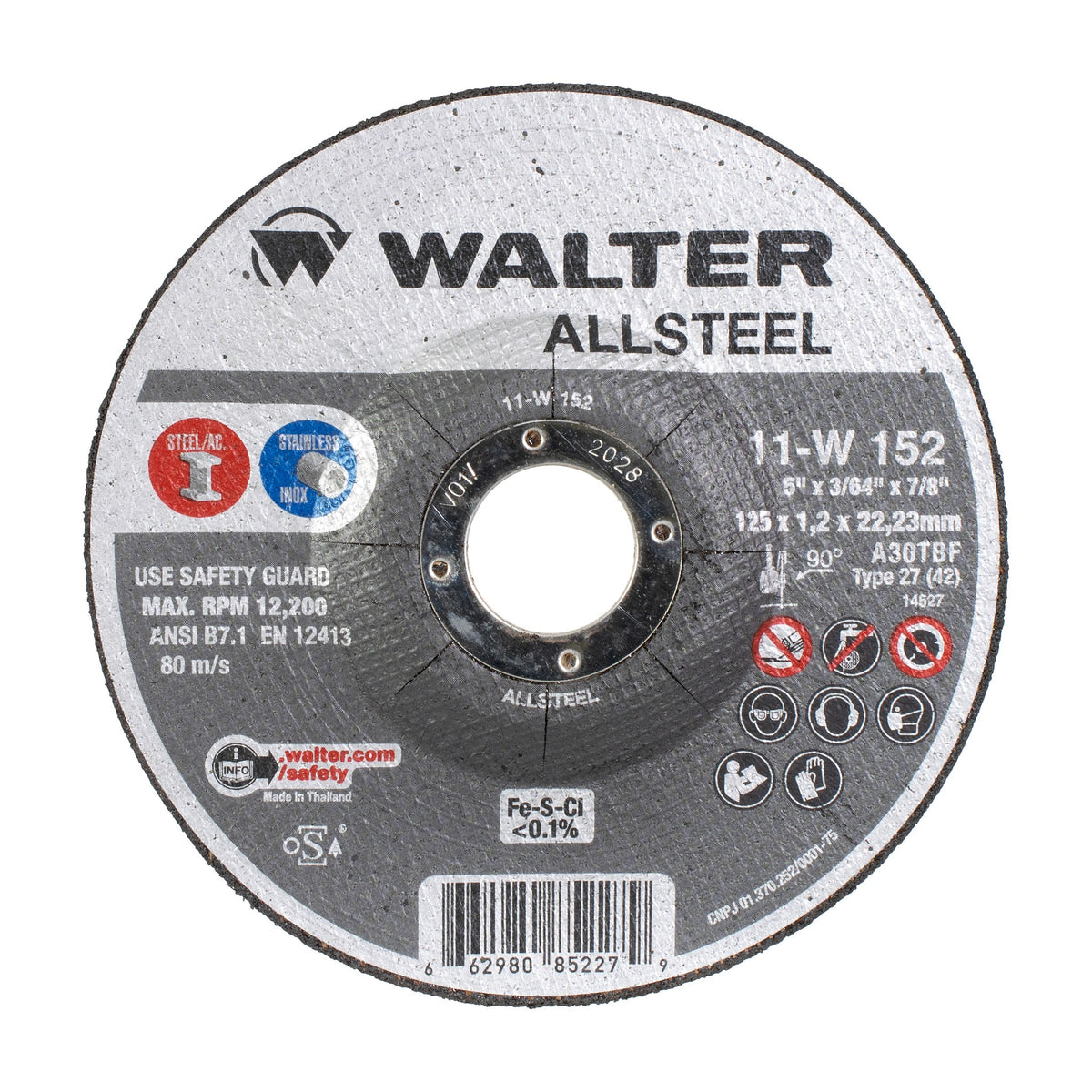 Walter 5 inch x 3/64 inch x 7/8 inch ALLSTEEL Cut-Off Wheel, Type 27, part 11W152