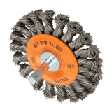 2-3/4" x 3/8" Knot-Twisted Wire Mounted Wheel Brush, 1/4" Shank, .020" Carbon Steel, 20 Knots