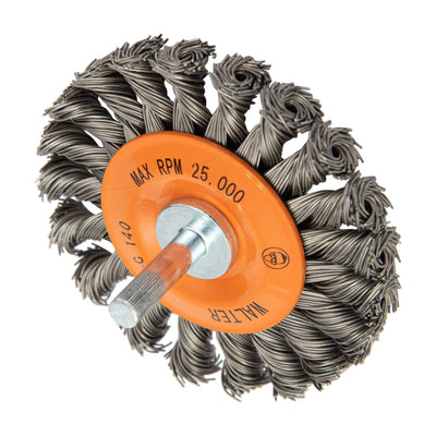 Walter 2-3/4 inch x 3/8 inch Knot-Twisted Wire Mounted Wheel Brush, 1/4 inch Shank, .020 inch Carbon Steel, 20 Knots, part 13C140