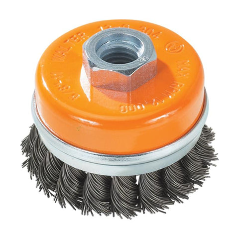 3" x 5/8"-11 Knot-Twisted Wire Cup Brush, .020" Carbon Steel, with Ring, 18 mm Trim