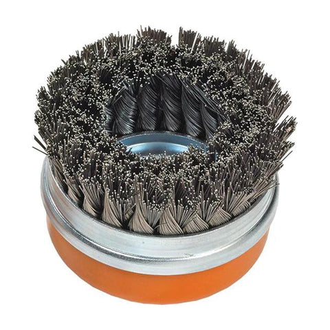 5" x 5/8"-11 Knot-Twisted Wire Cup Brush, .020" Carbon Steel, Double Row with Ring, 30 mm Trim