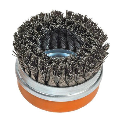 Walter 5 inch x 5/8 inch-11 Knot-Twisted Wire Cup Brush, .020 inch Carbon Steel, Double Row with Ring, 30 mm Trim, part 13G574