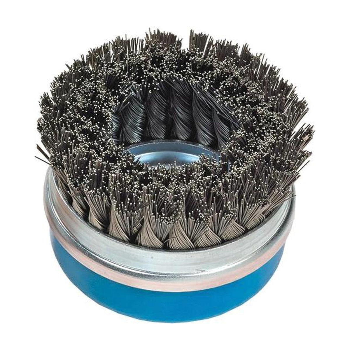 Walter 5 inch x 5/8 inch-11 Knot-Twisted Wire Cup Brush, .020 inch Stainless Steel, Double Row with Ring, 30 mm Trim, part 13G584