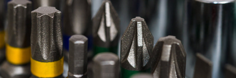 Close-up of assorted screwdriver bit tips and sockets