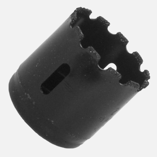 Premium carbide grit hole saw set, tungsten carbide grit, alloy back, gulleted edge, 1-15/16” cutting depth, black finish, Made in USA, suitable for drilling concrete, brick, ceramic, compatible with 1/2-inch drill and impact driver