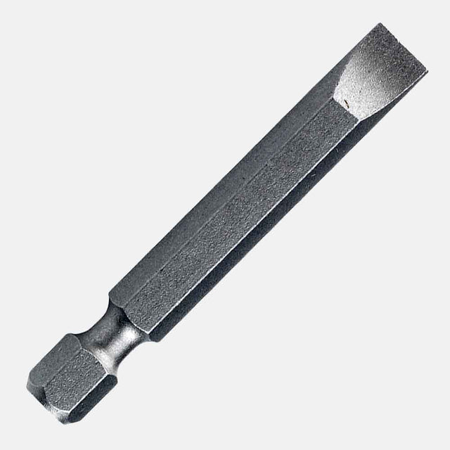 Durable slotted power bit with 1/4-inch hex shank, designed for fasteners and general-purpose driving