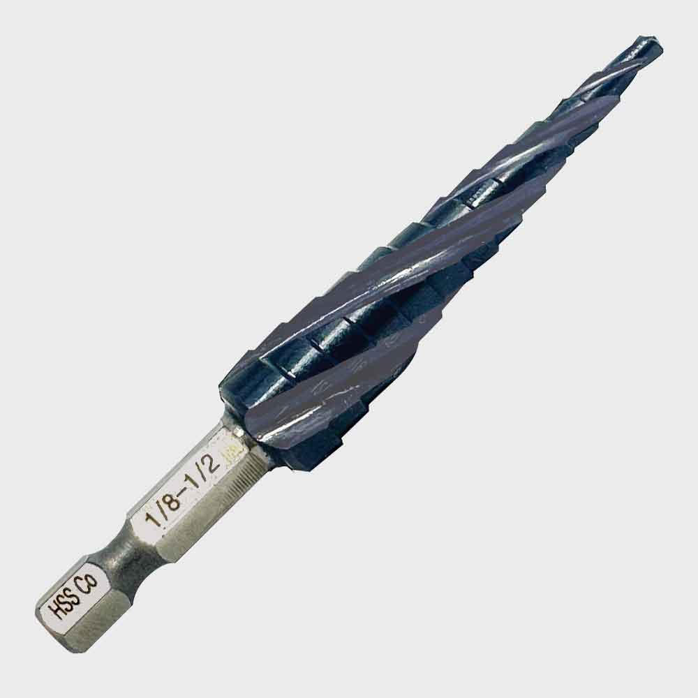 1/4” hex impact shank cobalt step drill, 4-fast spiral flutes, TiAlN coating, ideal for stainless