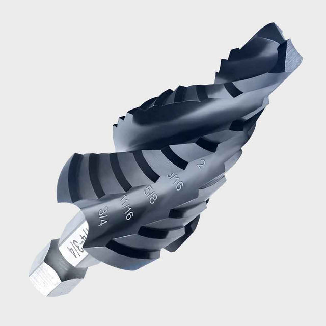 1/4” hex impact shank cobalt step drill, 4-fast spiral flutes, TiAlN coating, ideal for stainless