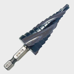 1/4” hex impact shank cobalt step drill, 4-fast spiral flutes, TiAlN coating, ideal for stainless