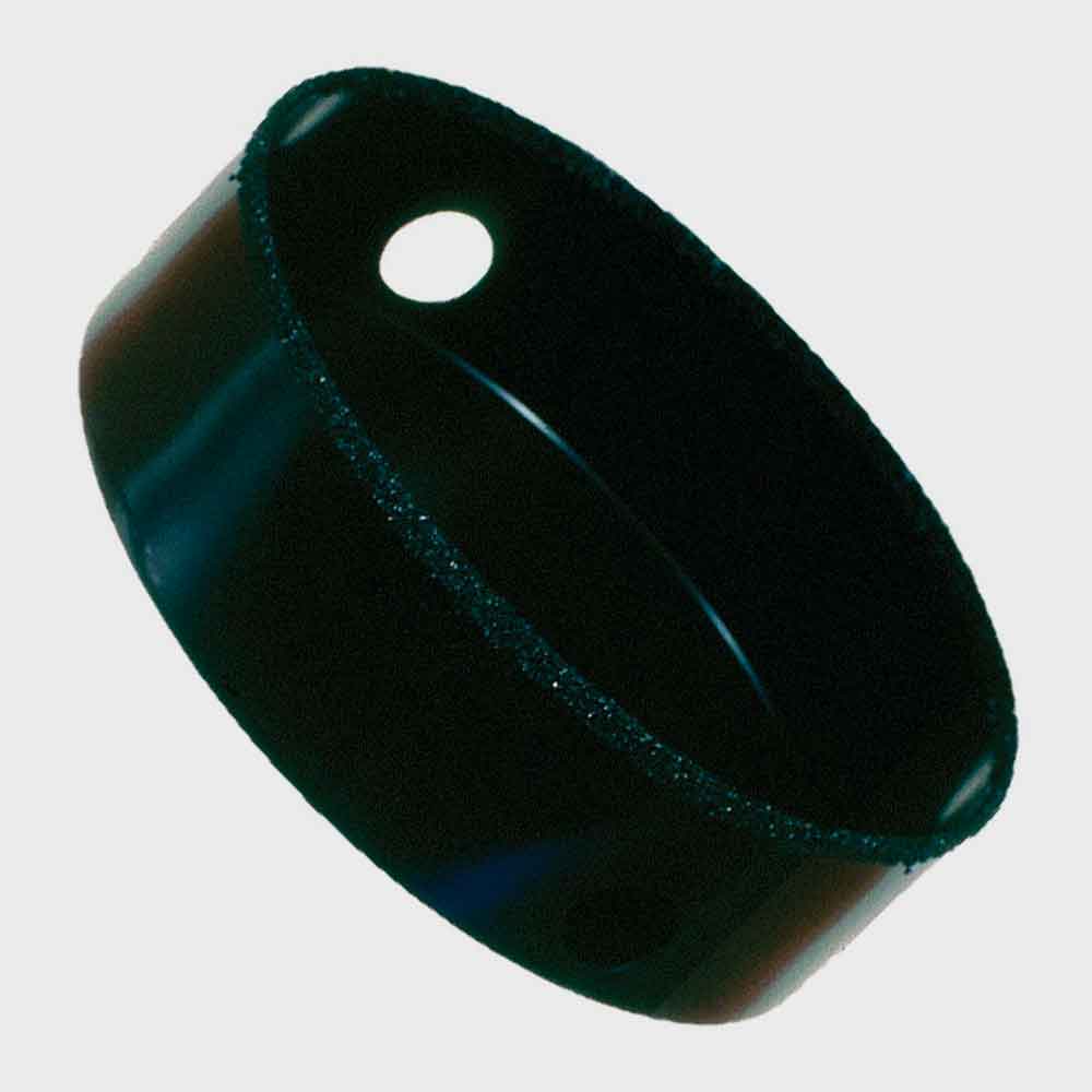 Premium carbide grit recessed lighting hole saws, USA-made, super wear-resistant, tungsten carbide grit bonded to alloy back, gulleted edge,6-3/8” and 6-7/8” sizes, black finish, ideal for drilling ceramics, fiberglass, hard woods, cast iron, and composites.