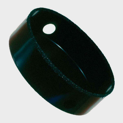 Premium carbide grit recessed lighting hole saws, USA-made, super wear-resistant, tungsten carbide grit bonded to alloy back, gulleted edge,6-3/8” and 6-7/8” sizes, black finish, ideal for drilling ceramics, fiberglass, hard woods, cast iron, and composites.