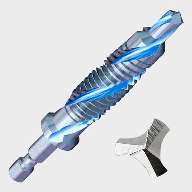 High-performance 3-in-1 combo drill tap with M2 HSS ground threads, fast spiral flute, tri-point cutting tip, 1/4-inch hex impact shank, designed for drilling, tapping, and chamfering steel, cast iron, aluminum, and copper.