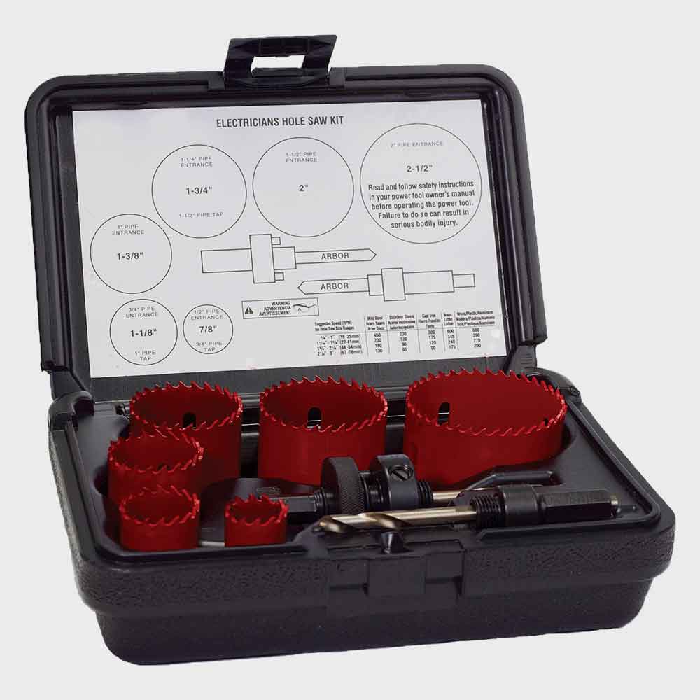 Professional 8-piece bi-metal electrician’s hole saw kit with sizes 7/8” to 2-1/2”, includes ARB-2 and ARB-5 arbors, ideal for drilling clean holes in electrical boxes, panels, and conduit