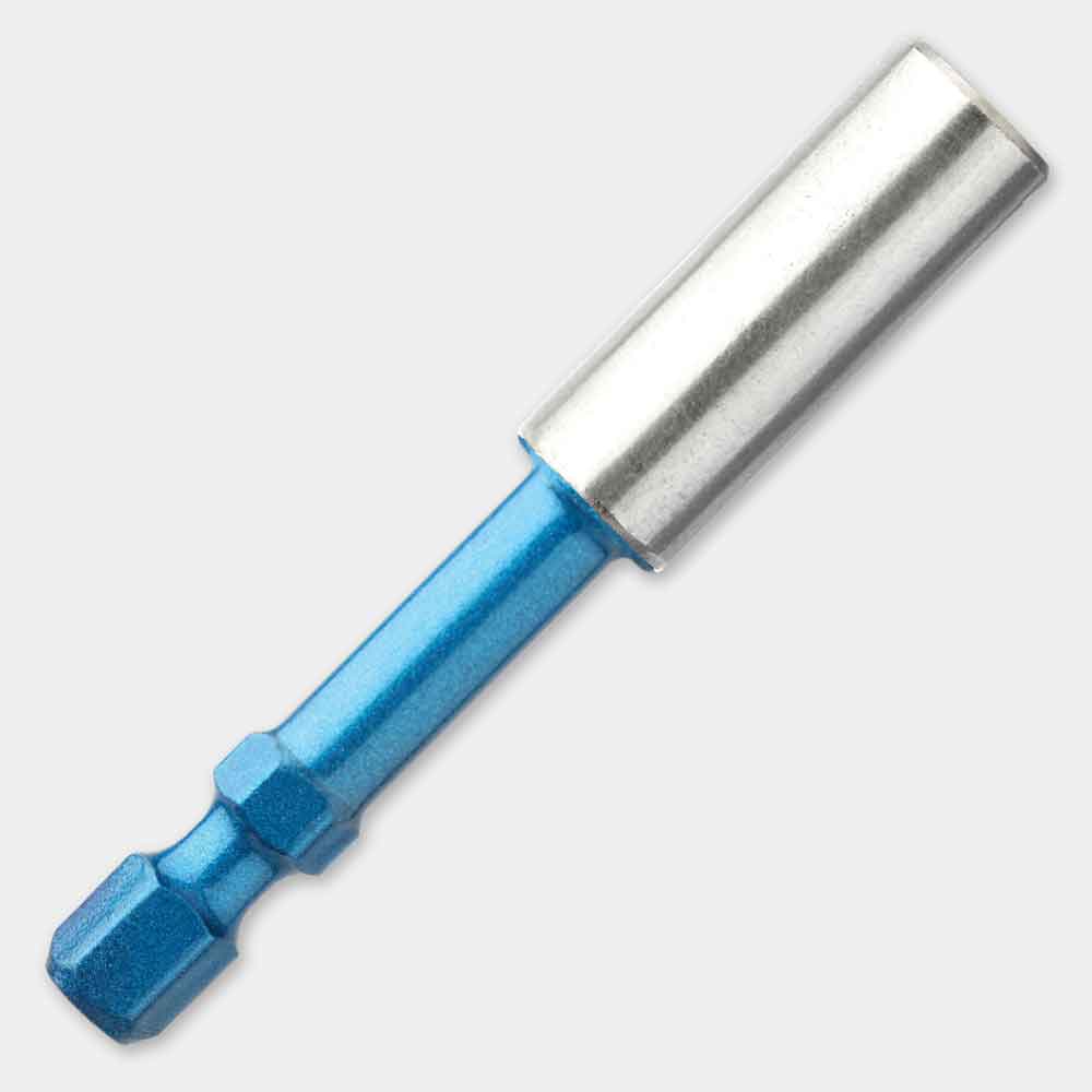 Blue shock magnetic stainless steel bit tip holder with hex shank and retaining ring