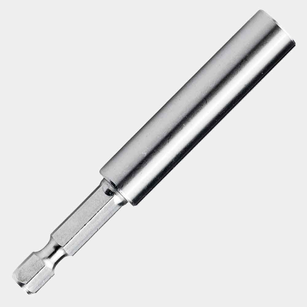 Stainless steel magnetic bit tip holder with hex shank, 1/2-inch drill depth, threaded retaining ring, and 3-inch overall length