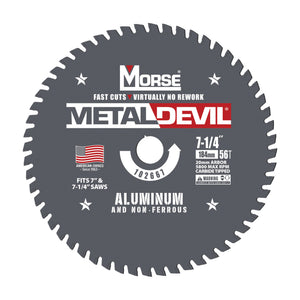 7-1/4 inch 56-tooth metal-cutting circular saw blade for aluminum, 20mm arbor, part 102667 (MK Morse Metal Devil artwork)