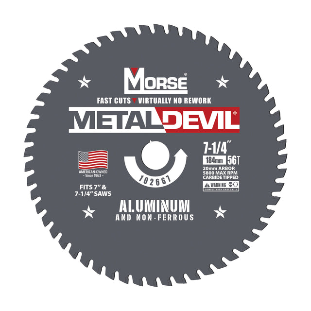 7-1/4 inch 56-tooth metal-cutting circular saw blade for aluminum, 20mm arbor, part 102667 (MK Morse Metal Devil artwork)