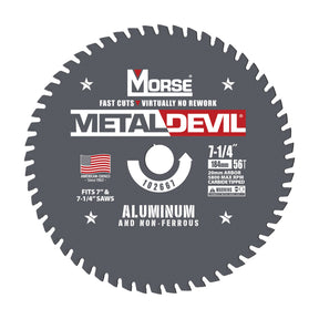 7-1/4 inch 56-tooth metal-cutting circular saw blade for aluminum; shown: 102667 (20mm arbor version), MK Morse Metal Devil artwork