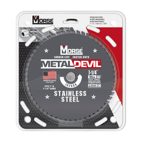7-1/4 inch 56-tooth metal-cutting circular saw blade for stainless steel, 20mm arbor, part 102698, in MK Morse Metal Devil packaging