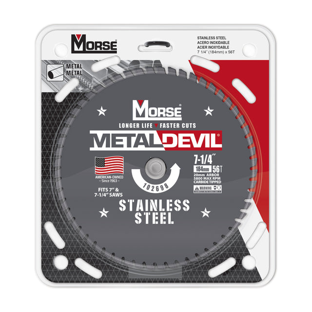 7-1/4 inch 56-tooth metal-cutting circular saw blade for stainless steel, 20mm arbor, part 102698, in MK Morse Metal Devil packaging