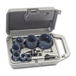 ITM Carbide Tipped Maintenance Hole Saw Kit, 11 piece, open case showing seven carbide tipped hole saws and two arbors