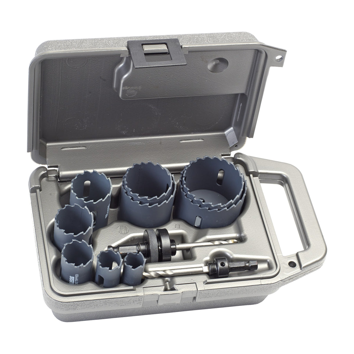 ITM Carbide Tipped Maintenance Hole Saw Kit, 11 piece, open case showing seven carbide tipped hole saws and two arbors
