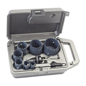 ITM Carbide Tipped Maintenance Hole Saw Kit, 11 piece, open case showing seven carbide tipped hole saws and two arbors