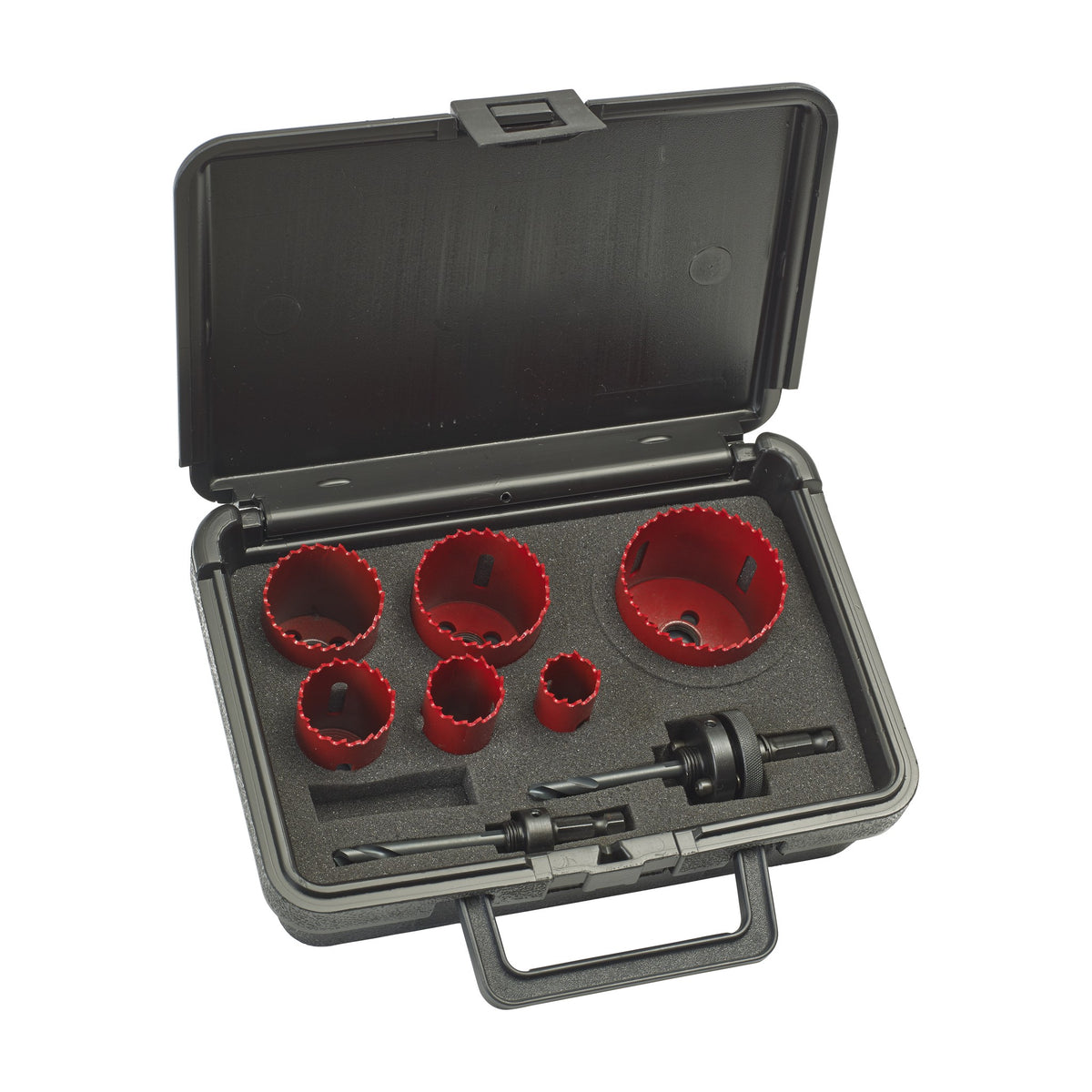 ITM Electrician's Hole Saw Kit, 8 piece, open case showing six bi-metal hole saws and two arbors